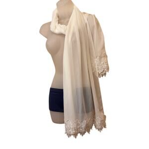 Calvin Klein white chiffon lace trim wedding veil scarf long wrap shawl